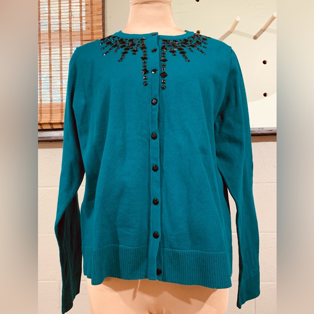 Studio Works Teal Cardigan with Black Embellishments